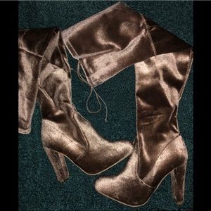 Tan suede thigh high boots